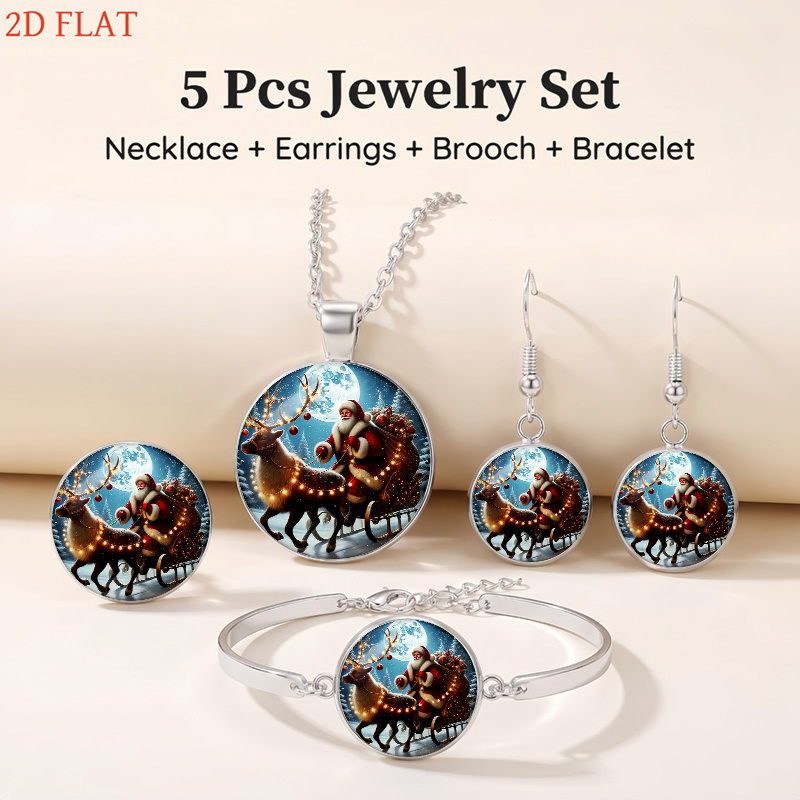 5pc Christmas Santa Riding Reindeer Sleigh Jewelry Set